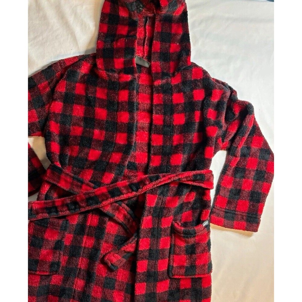 Kids Eddie Bauer XS 5/6 Hooded Fleece Robe Red/Black Plaid Tie Belt